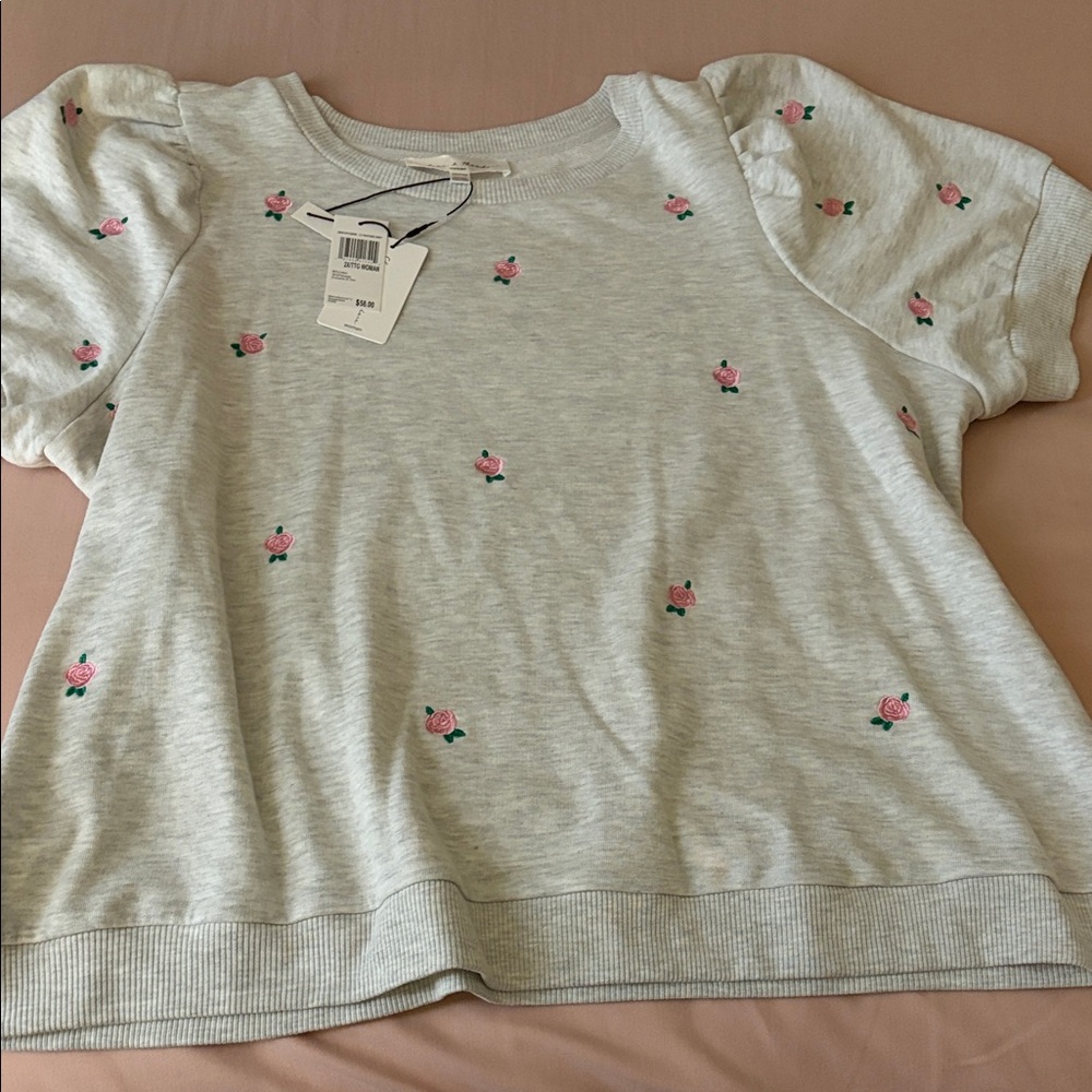 Chelsea & Theodore Light Gray Tee with Pink Rose Embroidery